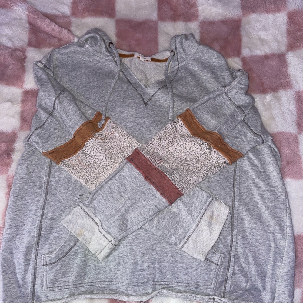 Maurices Gray and Brown V-Neck Sweater with Abstract Patches